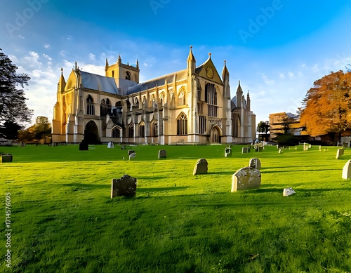 A grand church stands amidst a grassy cemetery under a sunny sky