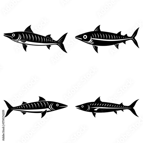 Four stylized barracuda fish in black and white facing different directions on a white background design