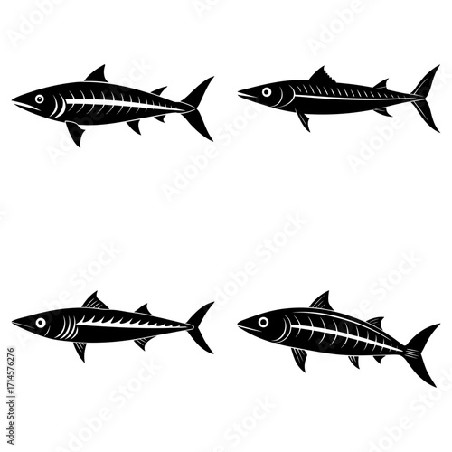 Four stylized black fish illustrations with varying internal details on a white background space here