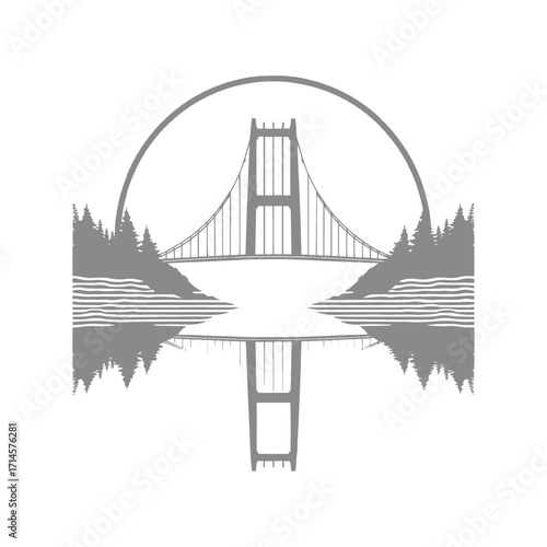 Suspension Bridge Reflection Over Serene Water Illustrtaion
