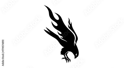 A stylized black silhouette of a bird of prey with fiery wings in mid-flight against a white background.