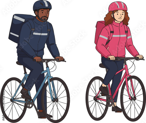 Urban cyclists, helmeted riders, backpack commute, city transport, cycling gear, motion scene, delivery concept, mobility, lifestyle, illustration