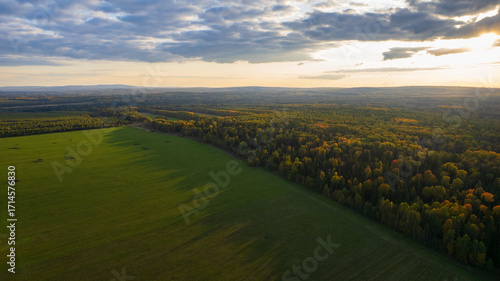 Aerial View of Green Fields, Forest and Lake at Sunset