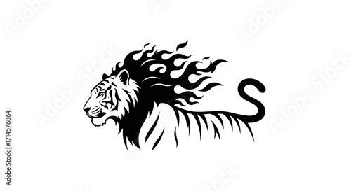 A striking black and white illustration of a tiger with flames emanating from its mane, symbolizing power and intensity.