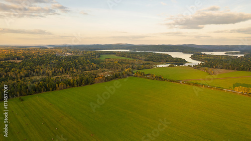 Aerial View of Green Fields, Forest and Lake at Sunset