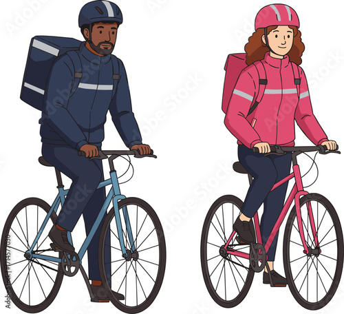 Urban cyclists, delivery riders, helmets and backpacks, city commute, bike transport, casual gear, mobility, motion, lifestyle, illustration