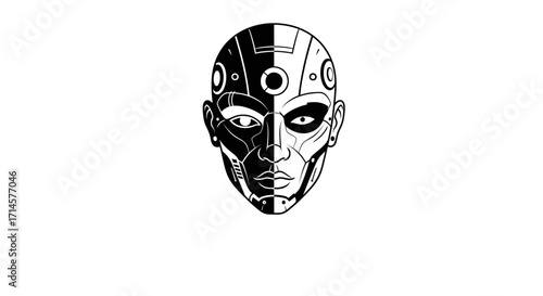 A striking black and white illustration of a human face split down the middle, with one half appearing organic and the other half robotic.