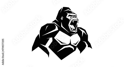 A powerful and aggressive gorilla roaring with its mouth open, depicted in a bold black and white graphic illustration.