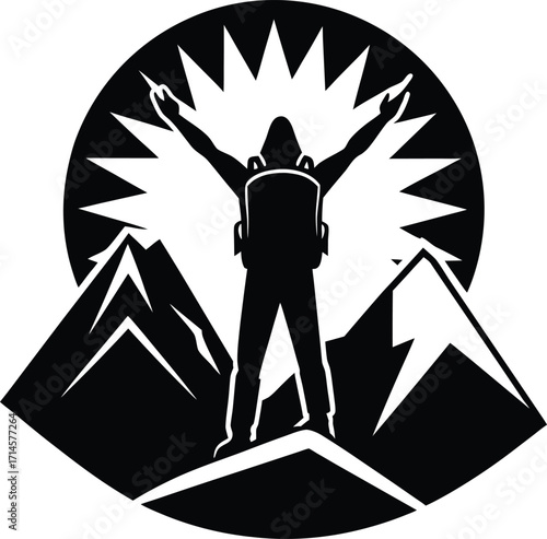 hiking vector silhouette illustration lone hiker standing on mountain peak