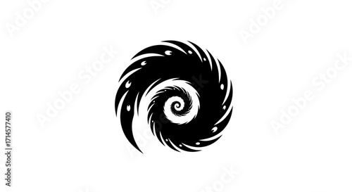 A black spiral vortex with small white dots on a white background, resembling a galaxy or a whirlpool.