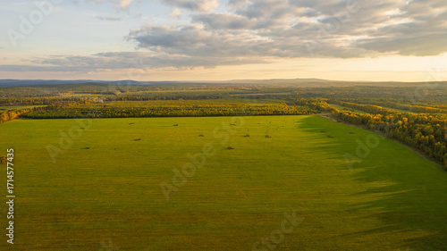 Aerial View of Green Fields, Forest and Lake at Sunset