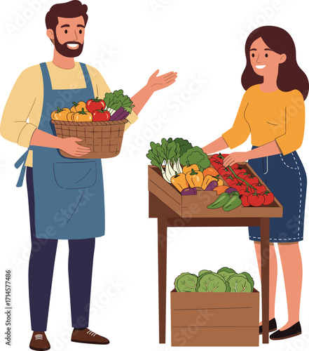 Vegetable stand illustration, fresh produce, market scene, basket and table, healthy lifestyle, vector art, flat design, stock image, character pose