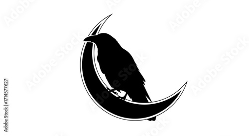 A silhouette of a raven perched on a crescent moon, set against a white background.