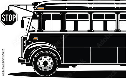 Detailed Vector Illustration of a School Bus with Stop Sign on Transparent Background