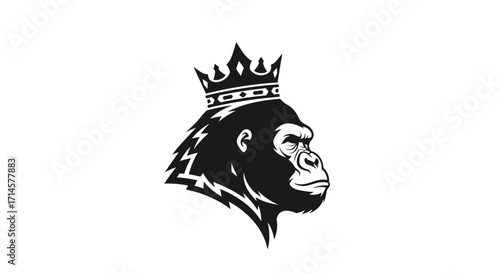 A striking black and white illustration of a gorilla wearing a crown, symbolizing power and royalty.