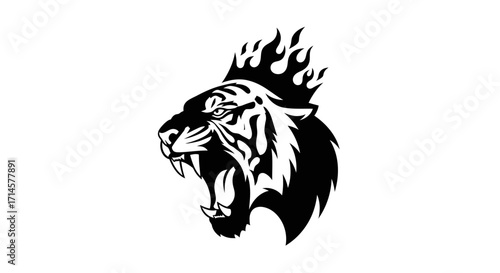 A fierce black and white illustration of a roaring tiger's head with flames erupting from its crown.