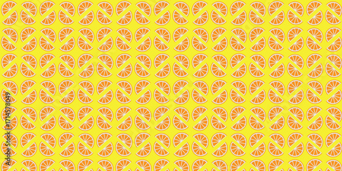 Vibrant seamless pattern of orange slices on a bright yellow background, symbolizing freshness, summer vibes, and decorative fruity design.