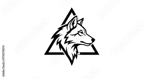 A stylized black and white illustration of a wolf's head inside a triangle.