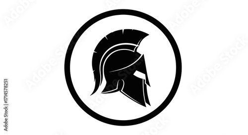 A black and white graphic illustration of a Spartan helmet inside a circular border.