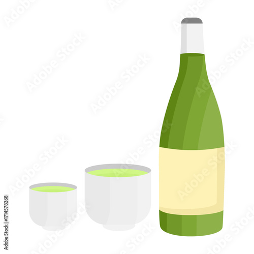 Illustration of green sake bottle with two traditional Japanese cups filled with alcoholic drink