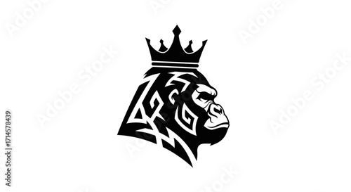 A striking black and white graphic illustration of a gorilla's head wearing a crown, with tribal-like patterns on its face.