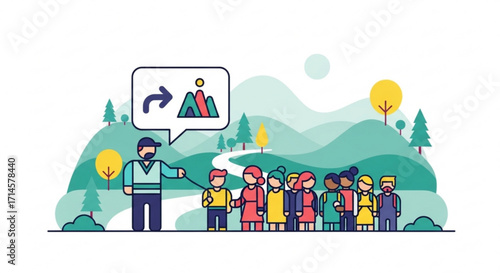 Group tour guide leading tourists through nature landscape travel and adventure destination experience vector