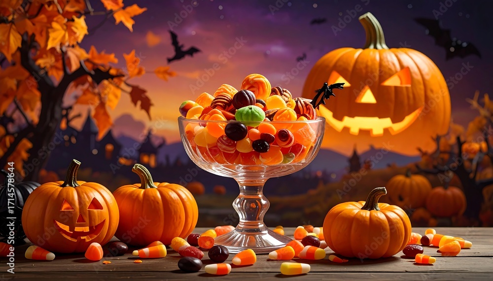Fototapeta premium A glass bowl overflowing with colorful Halloween candies sits on a wooden surface, surrounded by small carved pumpkins and vibrant autumnal colors.