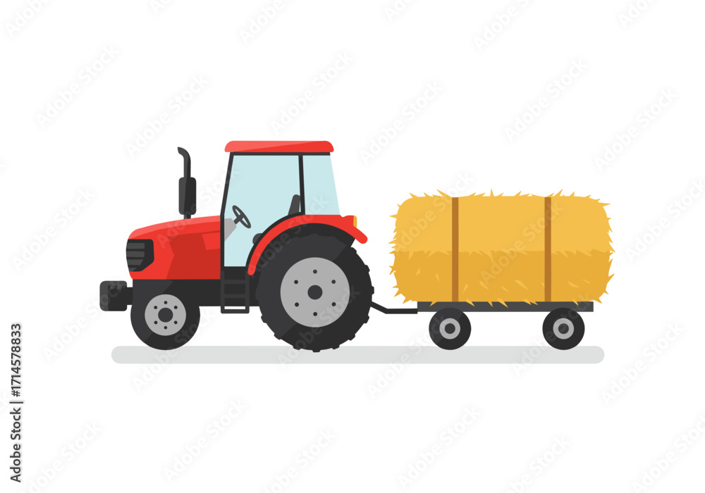 Fototapeta premium Red tractor pulling a hay bale on a white background