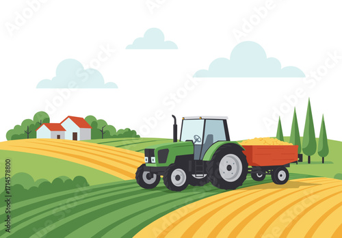 Green tractor with trailer transporting crops on rural farmland  