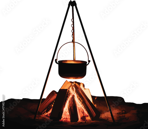 Campfire Cooking Scene with Hanging Pot Illustration for Outdoor and Adventure Designs, Isolated