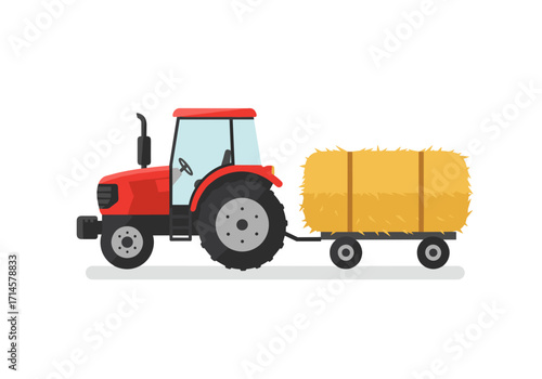 Red tractor pulling a hay bale on a white background  
