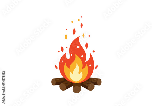Campfire with bright flames and sparks on wooden logs  