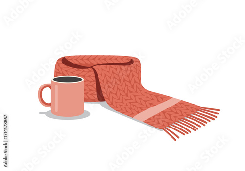 Knitted scarf near mug in warm colors on white background  