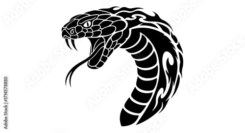 A striking black and white tribal tattoo design of a cobra head with its fangs bared and tongue flicking.