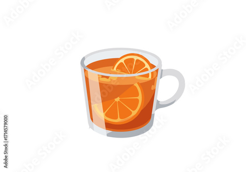 Orange tea in clear glass cup with slices on white background  