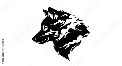 A striking black and white graphic illustration of a wolf's head emerging from swirling clouds.