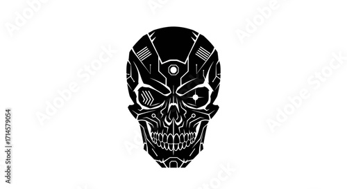 A striking black and white illustration of a futuristic robotic skull with intricate mechanical details and glowing eyes.