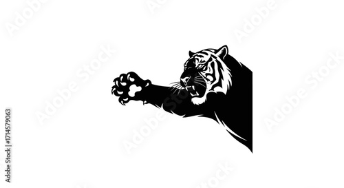 A fierce black and white illustration of a tiger lunging forward with its claws extended.