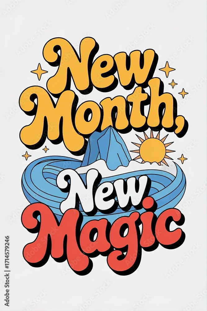 Fototapeta premium Retro New Month, New Magic Graphic with Mountain, Waves, Sun, an