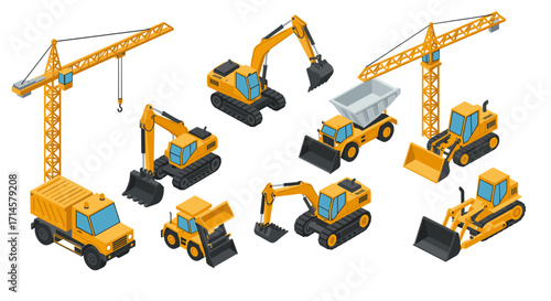 Construction machinery set: detailed isometric depiction of heavy equipment for building and excavation