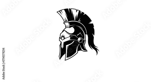 A black and white illustration of a Spartan helmet with a prominent crest.