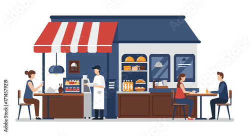 Modern flat design coffee shop with customers and barista in urban setting