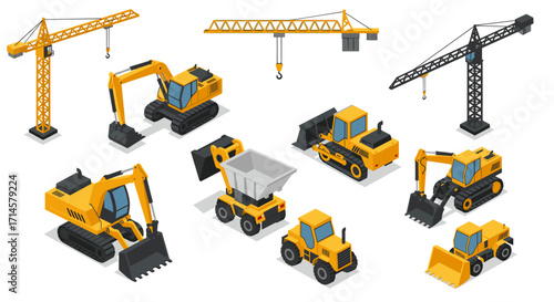 Construction equipment set with cranes and excavators in isometric style