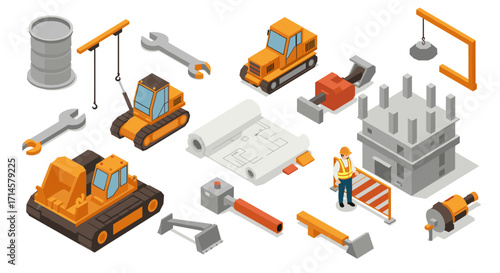 Isometric construction elements set with heavy machinery and tools