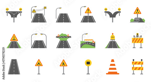 Road traffic elements set with various safety signs and symbols