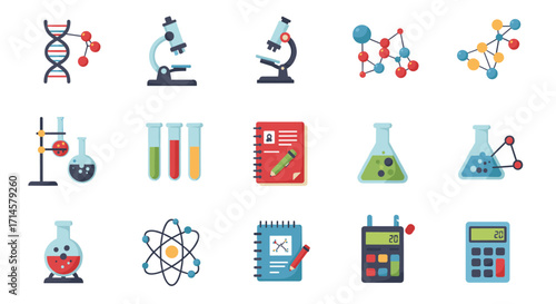 Flat style science icons featuring laboratory equipment and molecular structures