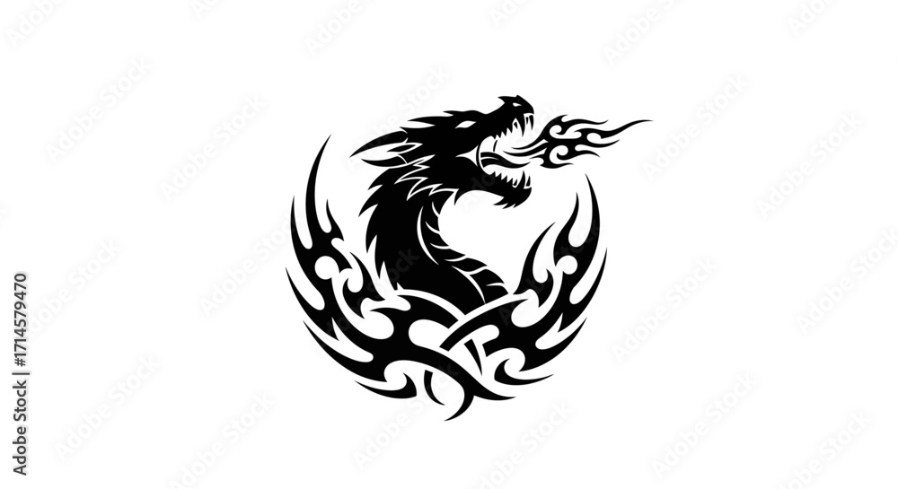 Obraz premium A striking black tribal dragon emblem breathing fire, set against a clean white background.