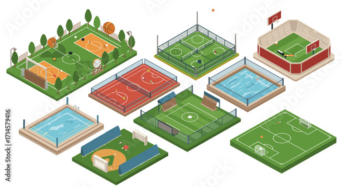 Isometric designs of diverse sports fields and courts