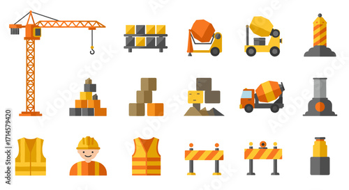 Construction equipment and safety gear icons set in flat design