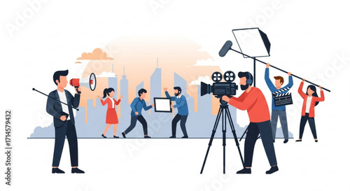 Film production crew working on set with actors and equipment for a movie or television show scene outdoors